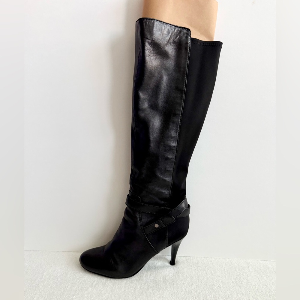 Nine West Black Leather Knee High Heel Boots Size 8.5